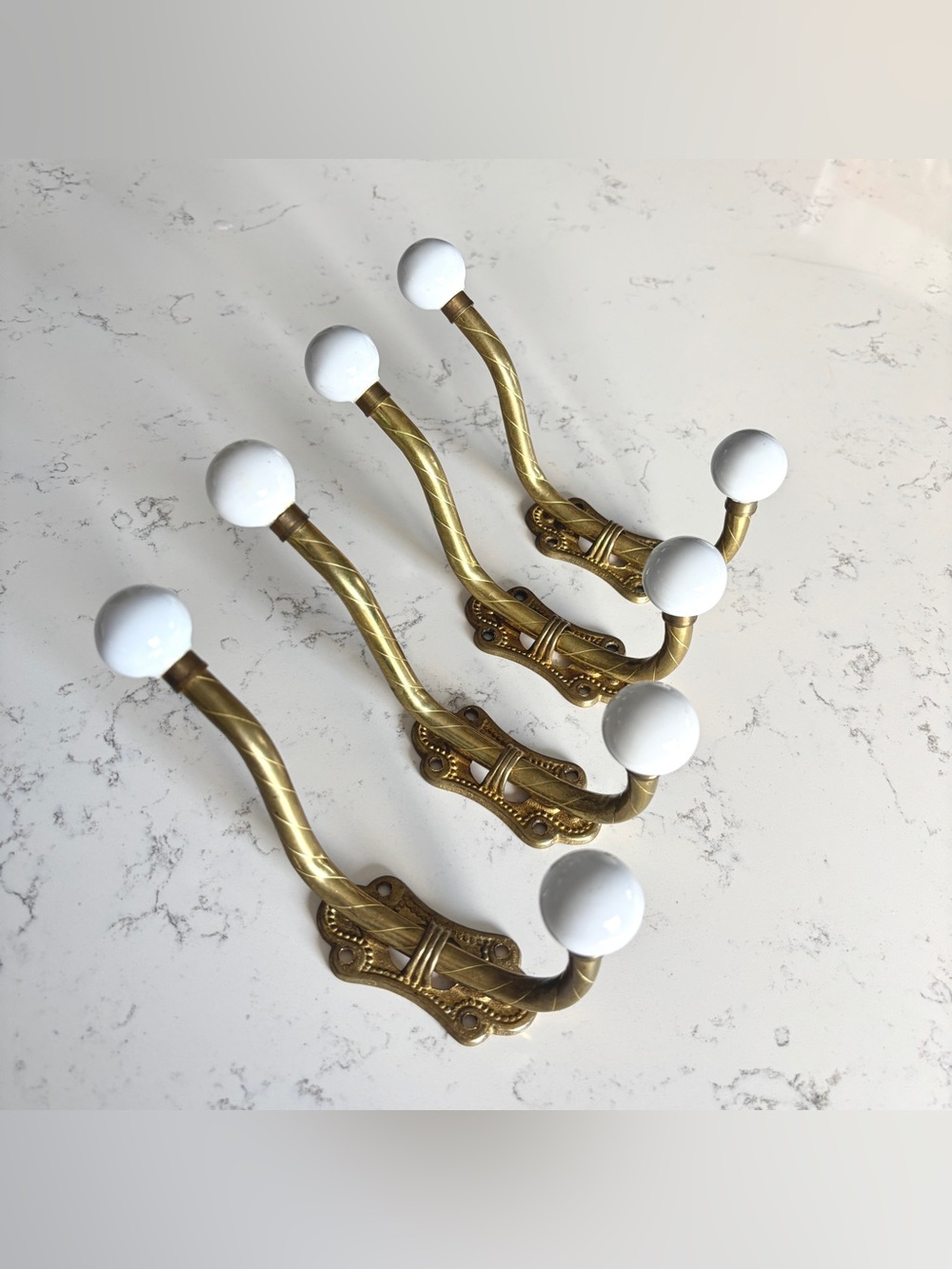 Vintage Set of 4 Brass Coat Hooks with Porcelain Knobs